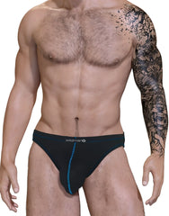 Black briefs with blue stitching and wildman logo on waistband from wildmant stitch big boy pouch jock strap blue collection