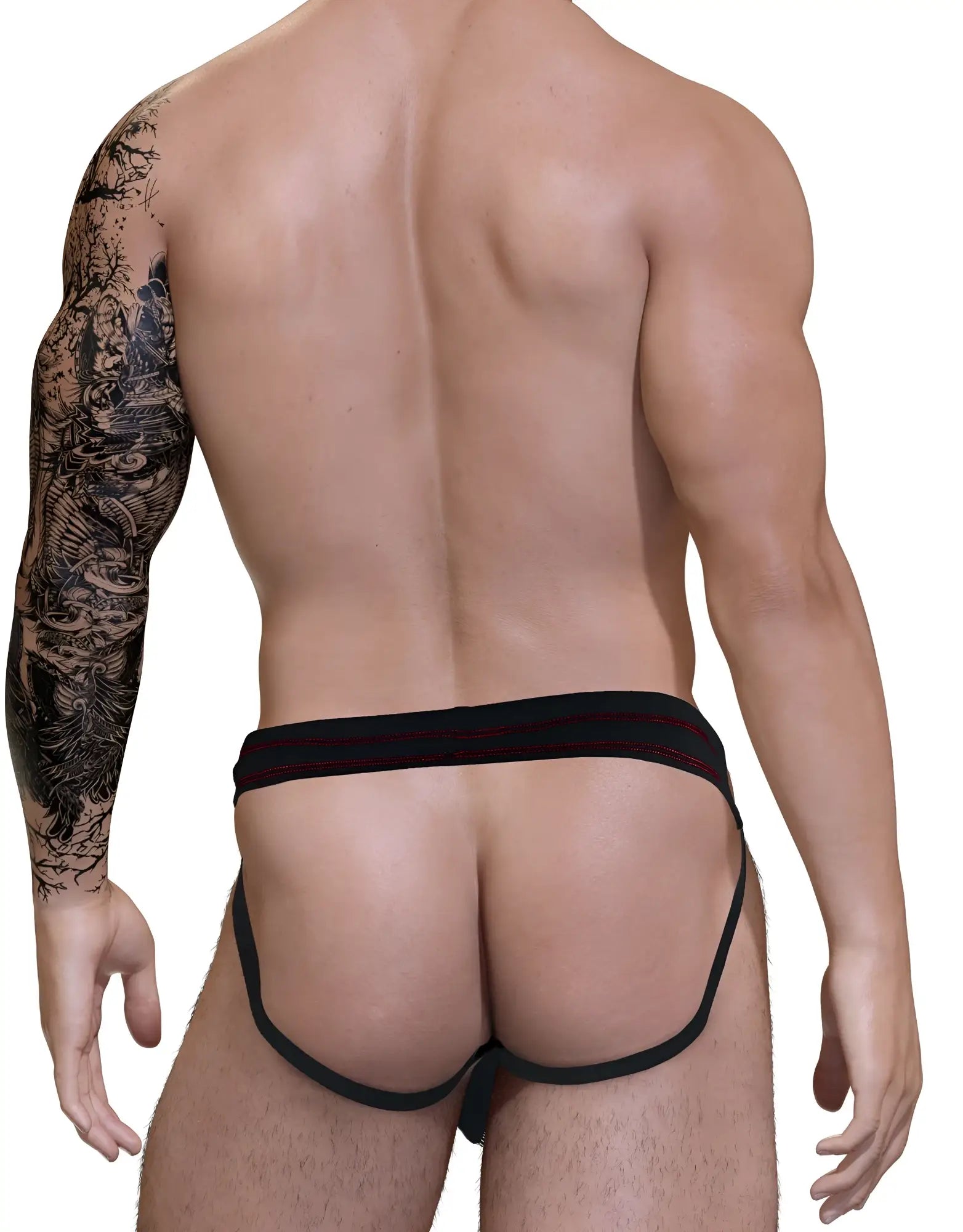 Wildmant stitch big boy pouch jock strap in red with black stripes featuring a snug supportive athletic design