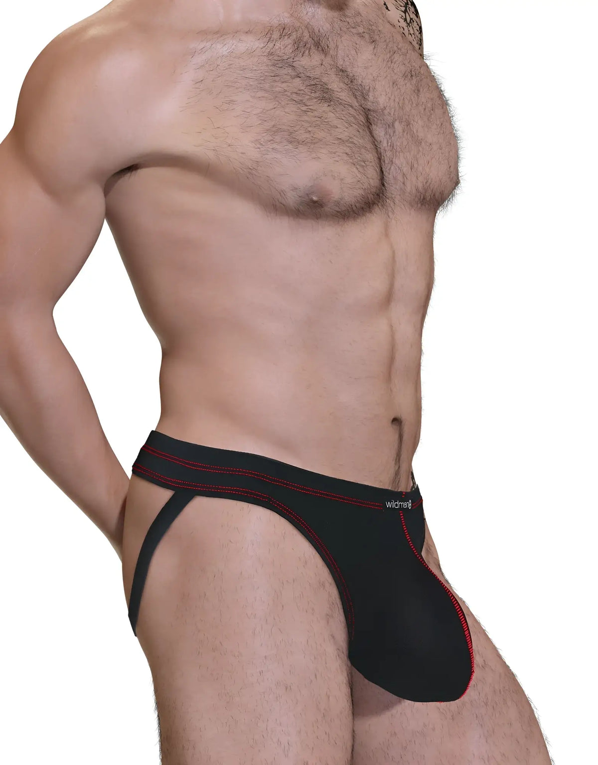 Wildmant stitch big boy pouch jock strap in black and red with a sleek form-fitting wildcraft design