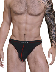 Black briefs with red stitching and wildman logo on waistband in wildmant stitch big boy pouch jock strap red style