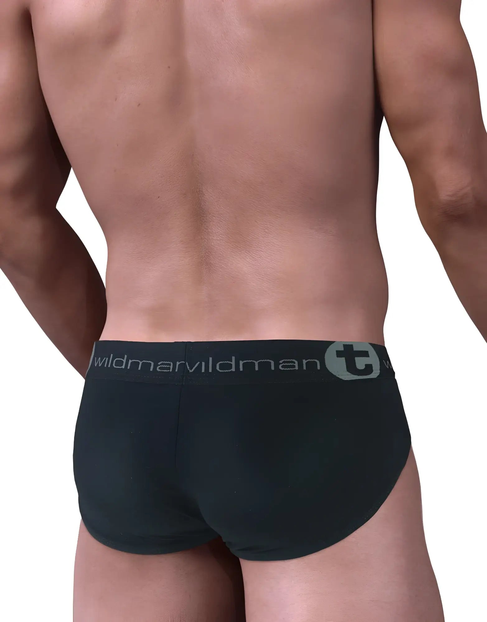 Wildmant stretch cotton big boy pouch brief in black with gray waistband featuring wildman logo and stylized t emblem
