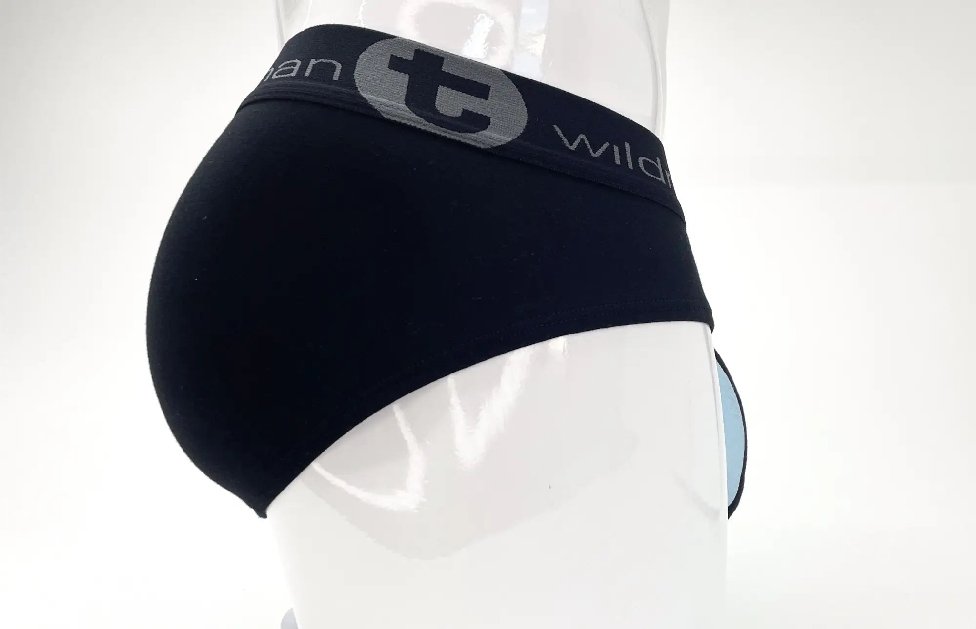 Black wildmanT stretch cotton big boy pouch brief with gray elastic waistband featuring t logo and wild text