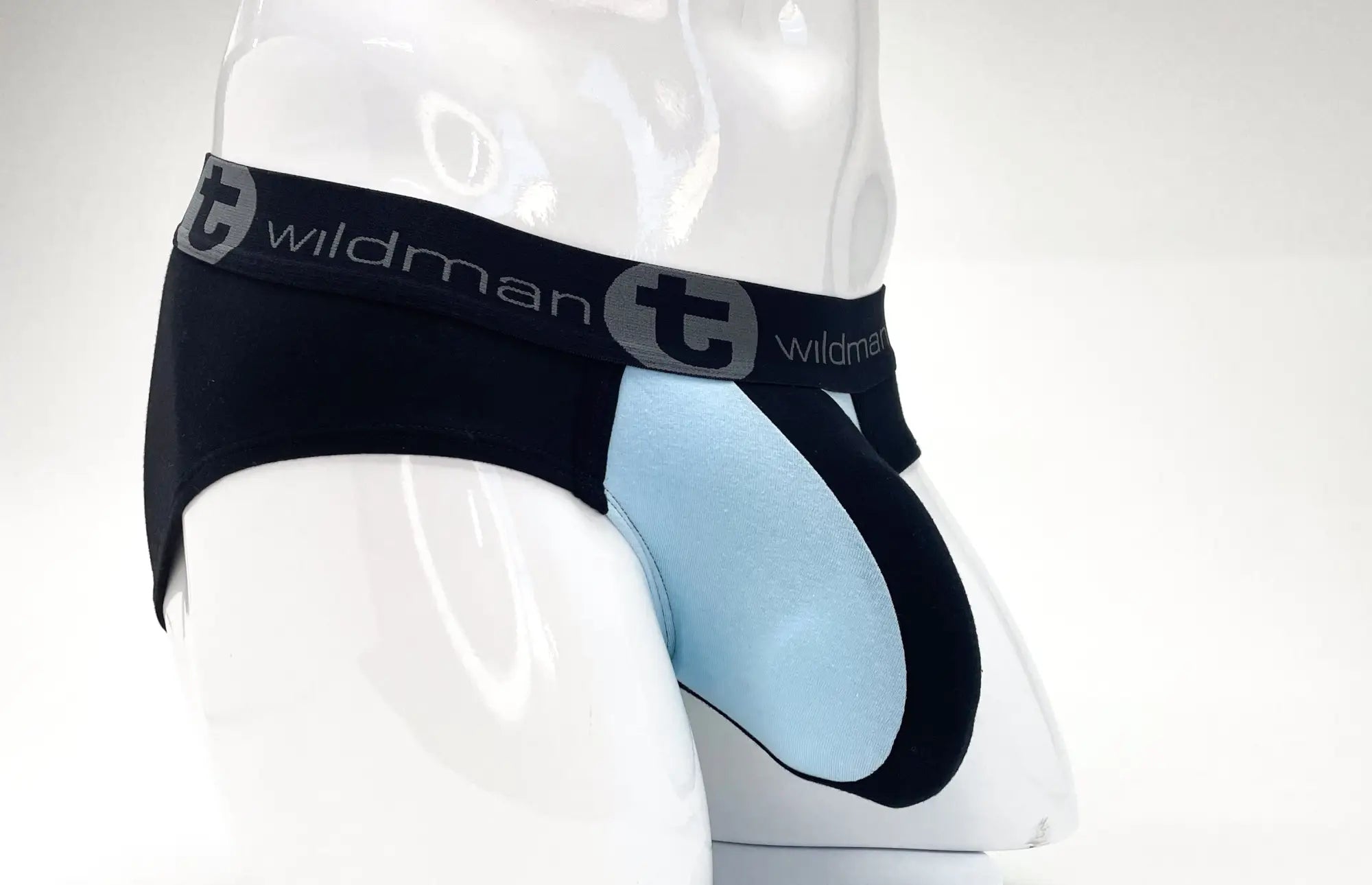 Wildmant stretch cotton big boy pouch briefs in black and light blue with branded elastic waistband