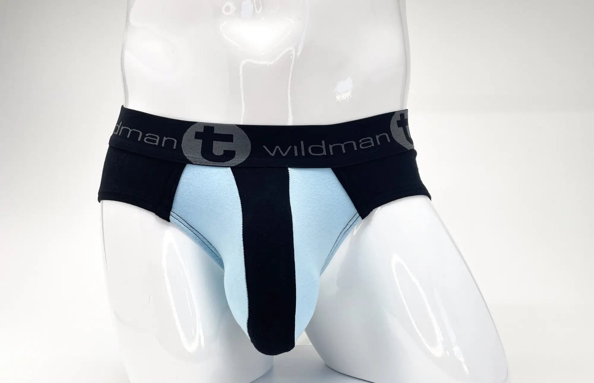 WildmanT stretch cotton big boy pouch briefs in black and light blue with branded elastic waistband