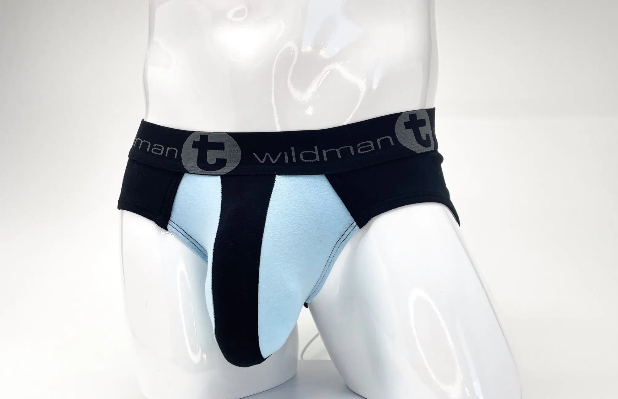 Black and light blue WildmanT stretch cotton big boy pouch briefs with branded elastic waistband