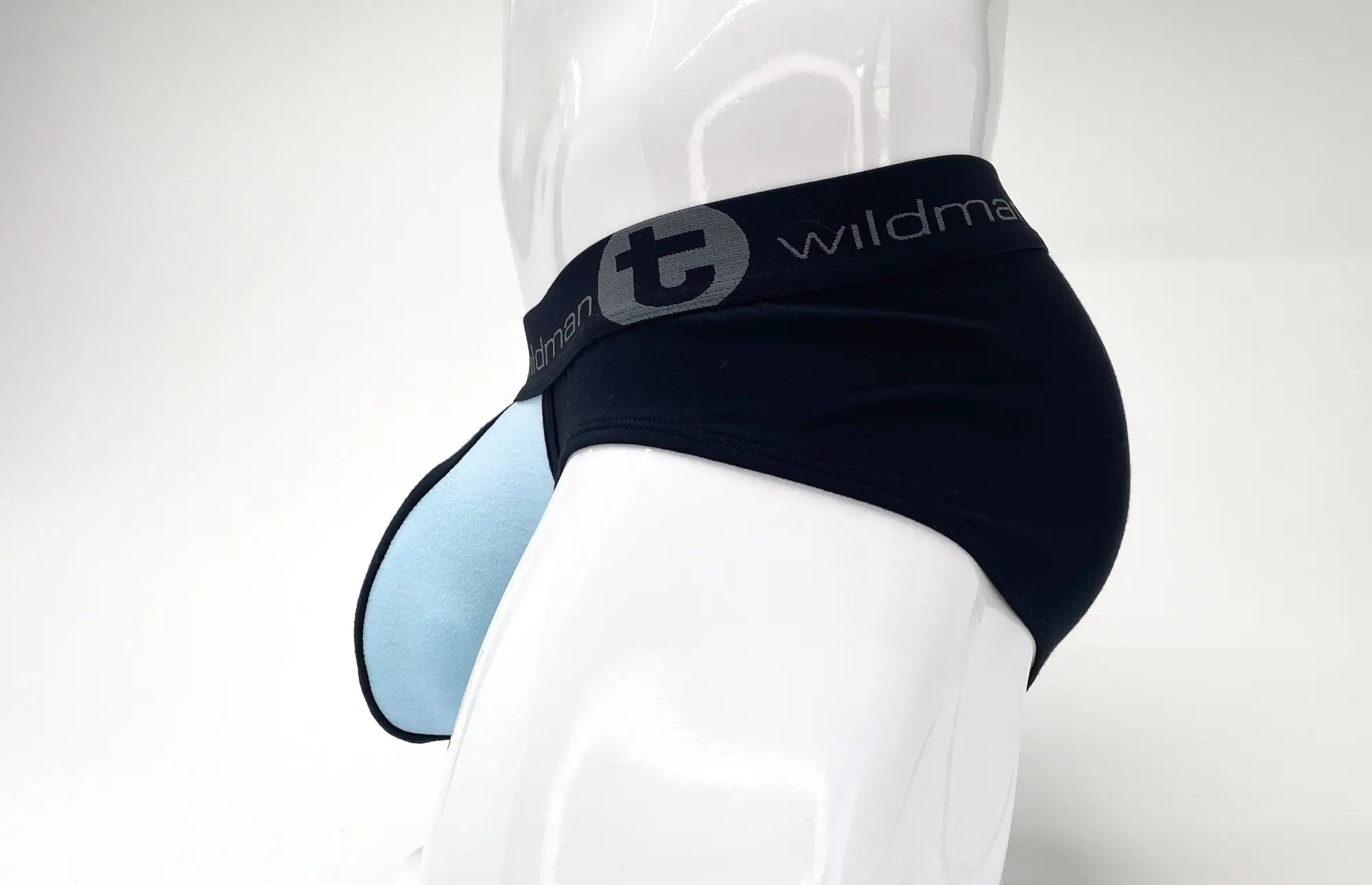WildmanT stretch cotton big boy pouch briefs in black and light blue with gray wildman logo on waistband