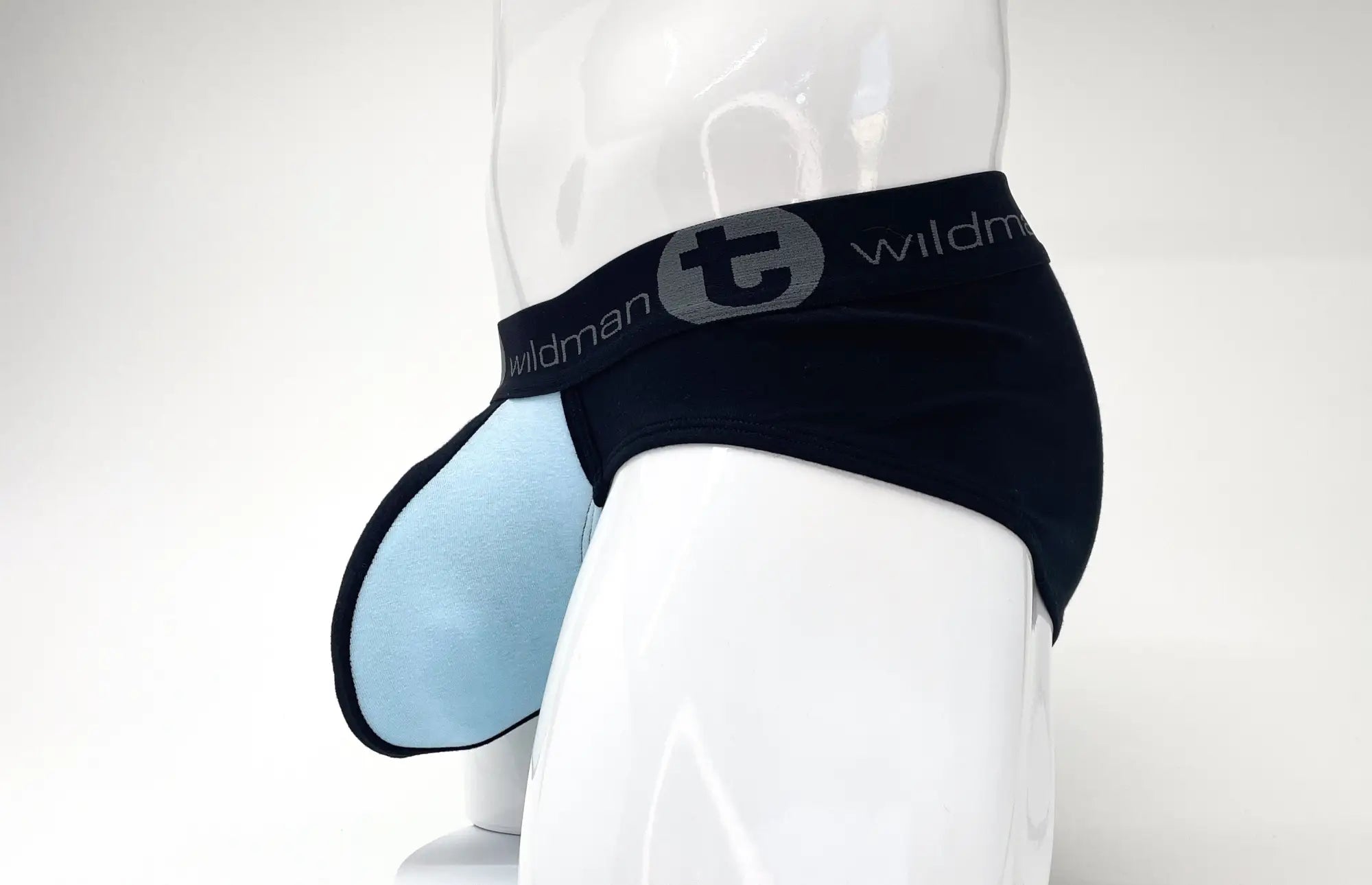Wildmant stretch cotton big boy pouch brief in black and light blue with branded elastic waistband for men