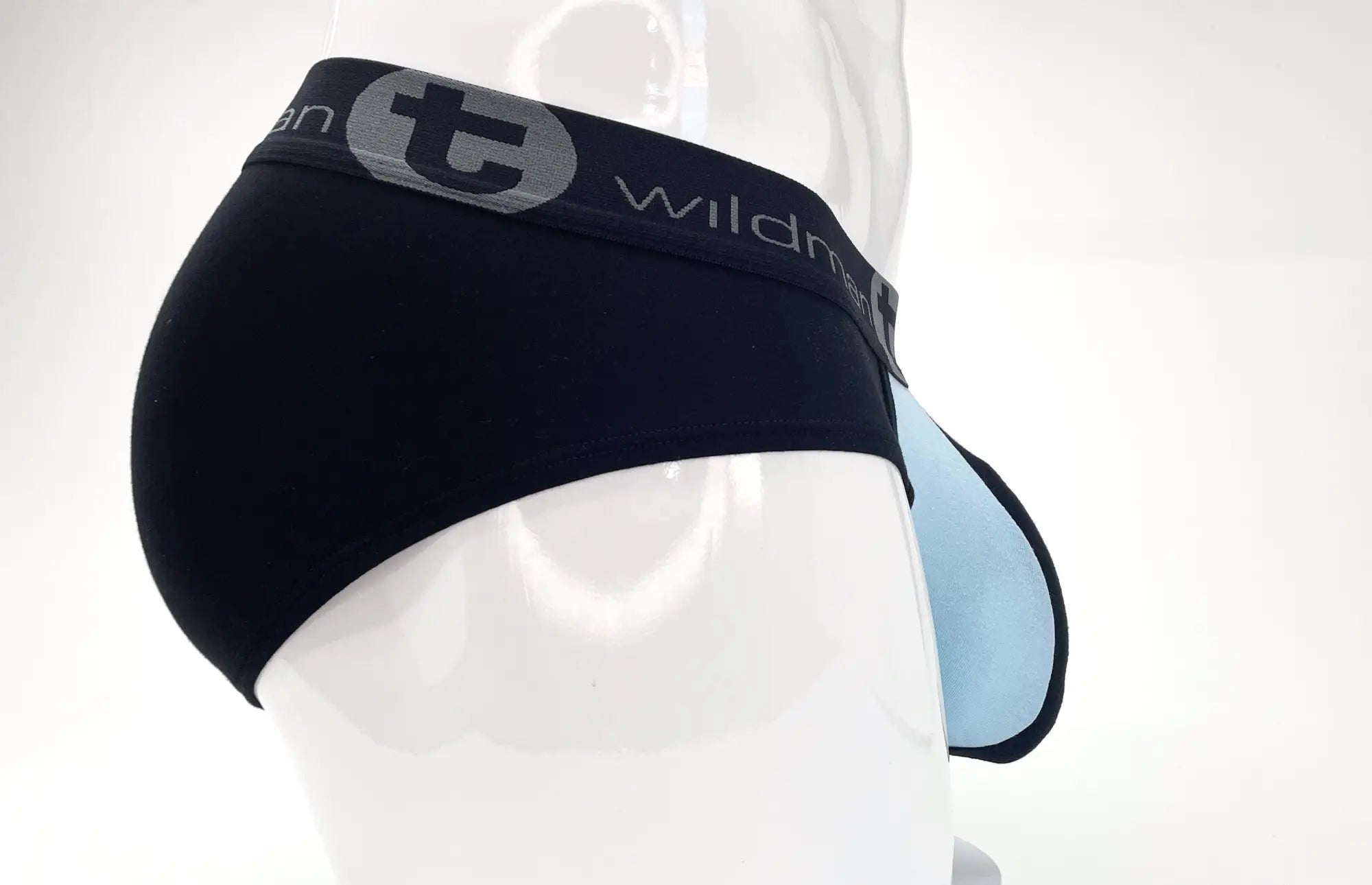 WildmanT stretch cotton big boy pouch briefs in black and light blue with a gray logo band for men