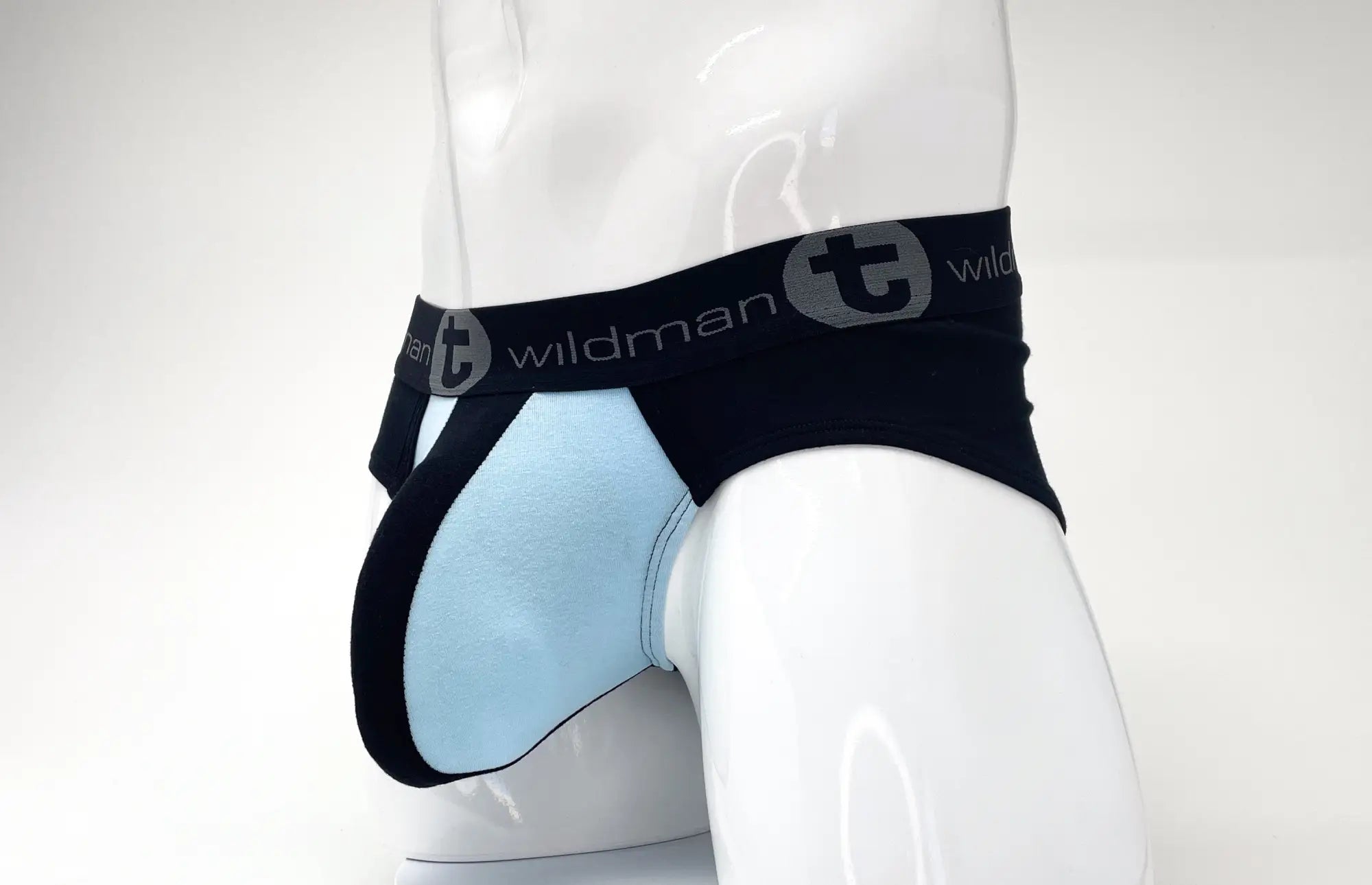Black and light blue WildmanT stretch cotton big boy pouch briefs with branded waistband featuring wildman logo