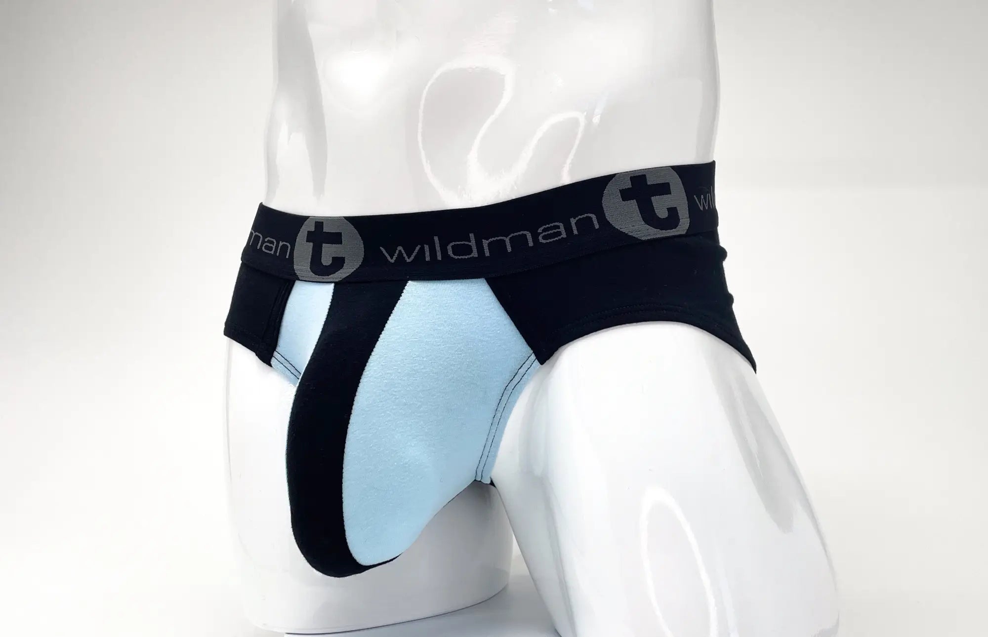 Black and light blue WildmanT stretch cotton big boy pouch briefs with branded elastic waistband