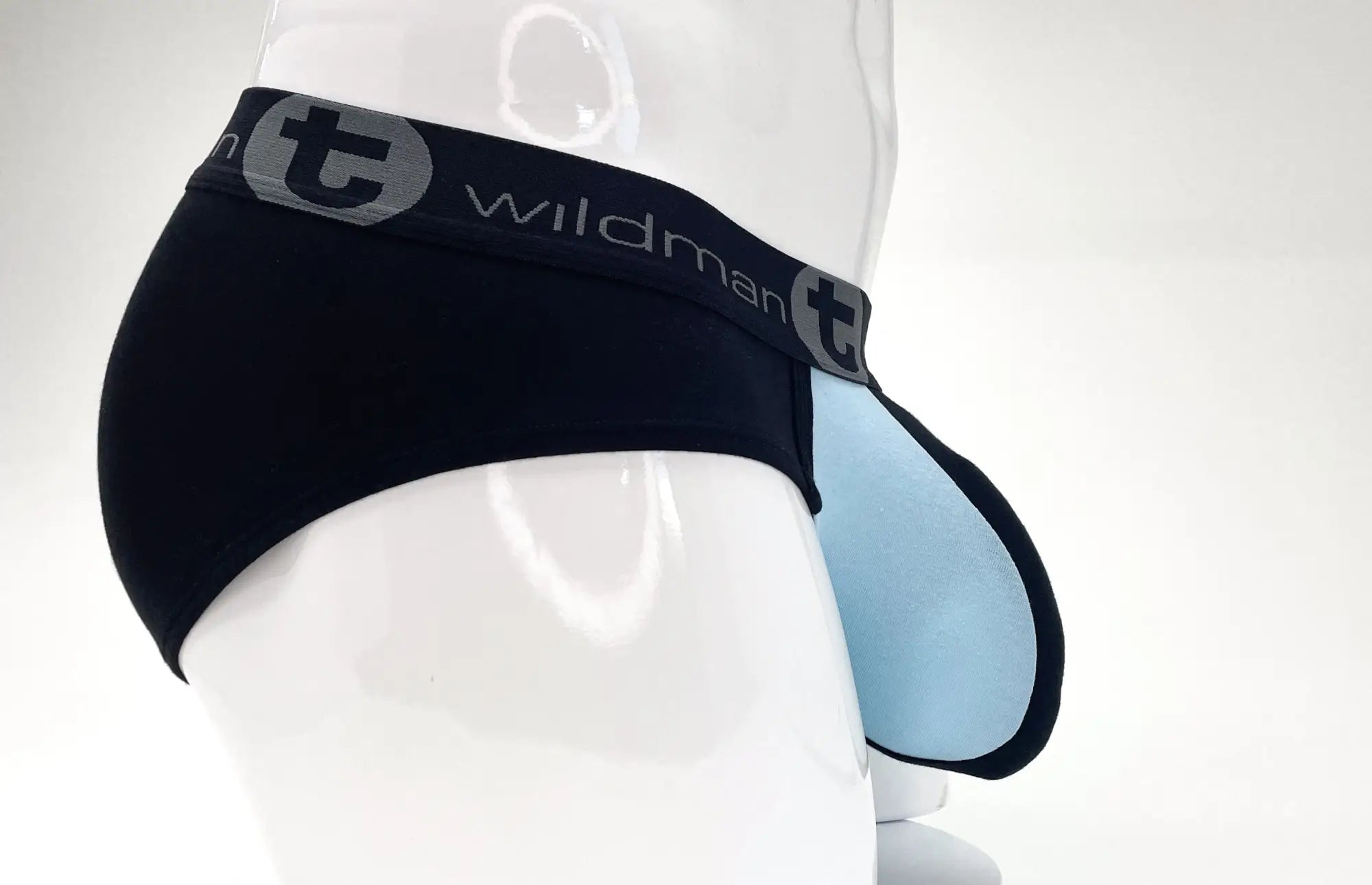 Black and light blue wildmanT stretch cotton big boy pouch briefs with branded elastic waistband front view