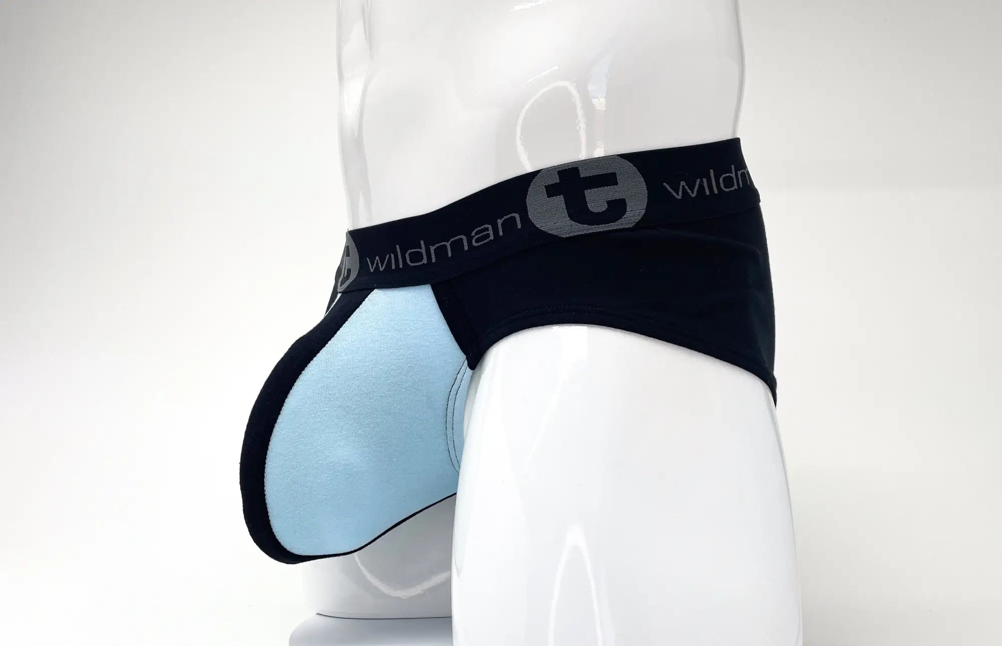 Wildmant stretch cotton big boy pouch brief in black and blue with contoured design for comfort and support