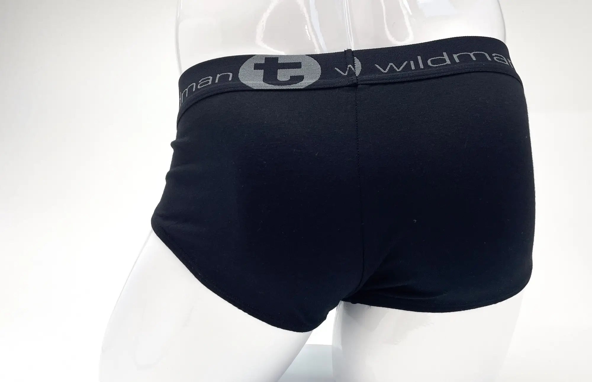 Wildmant stretch cotton big boy pouch brief in black with blue details and gray elastic waistband with wildman logo