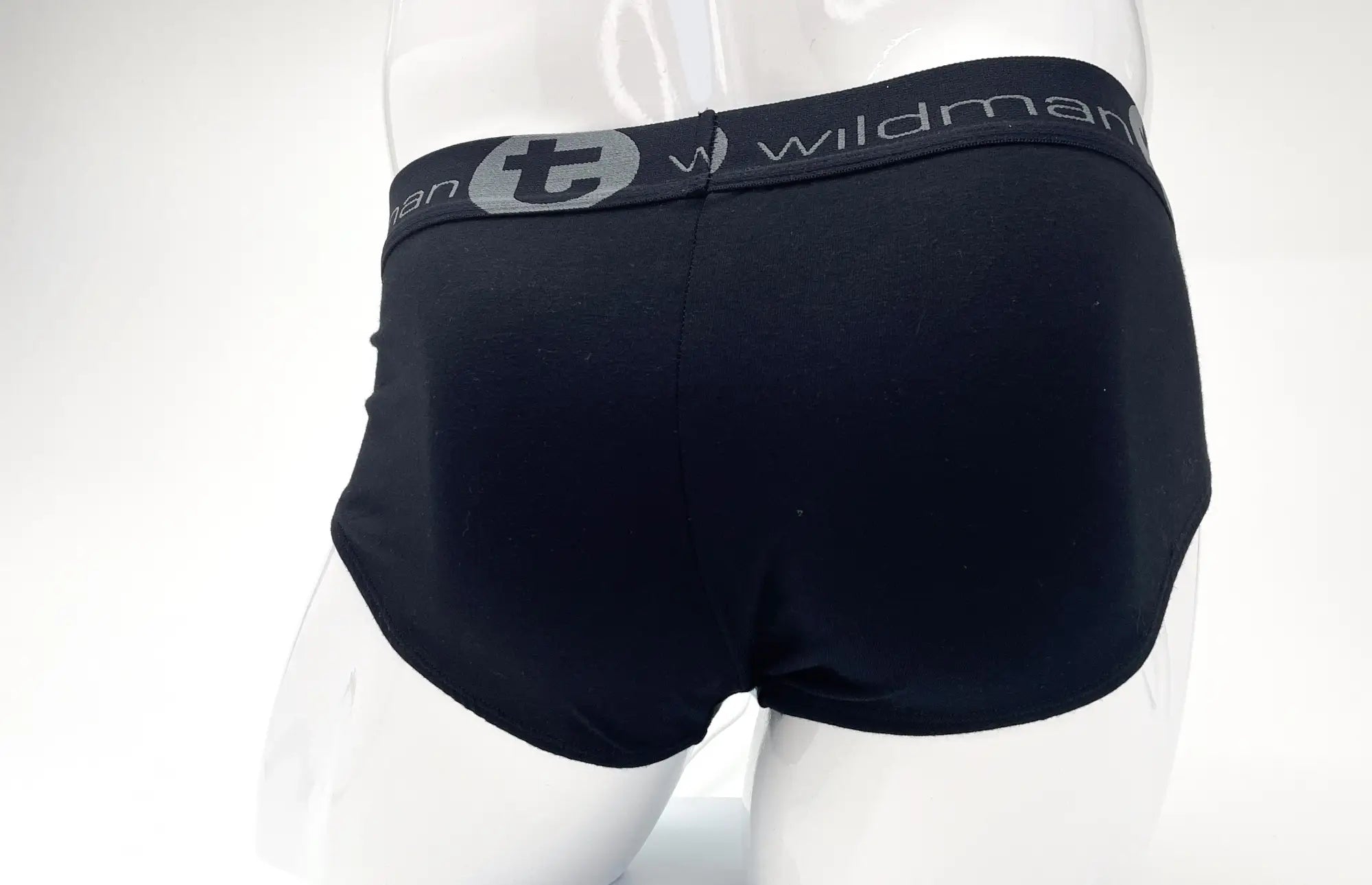 Wildmant stretch cotton big boy pouch briefs in black with blue accents and gray elastic waistband featuring wildman logo