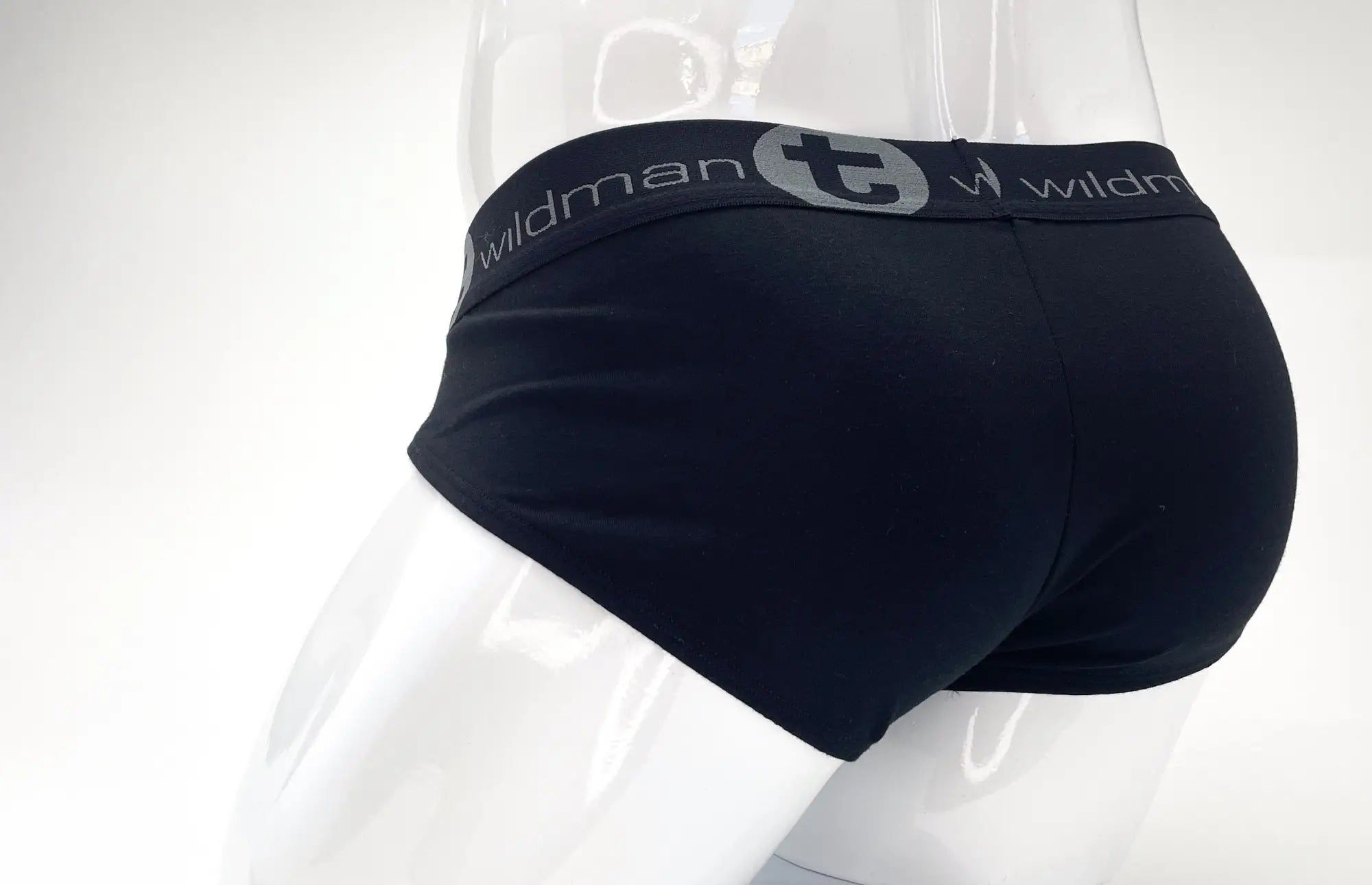 Wildmant stretch cotton big boy pouch brief in black with gray logo and text on the waistband