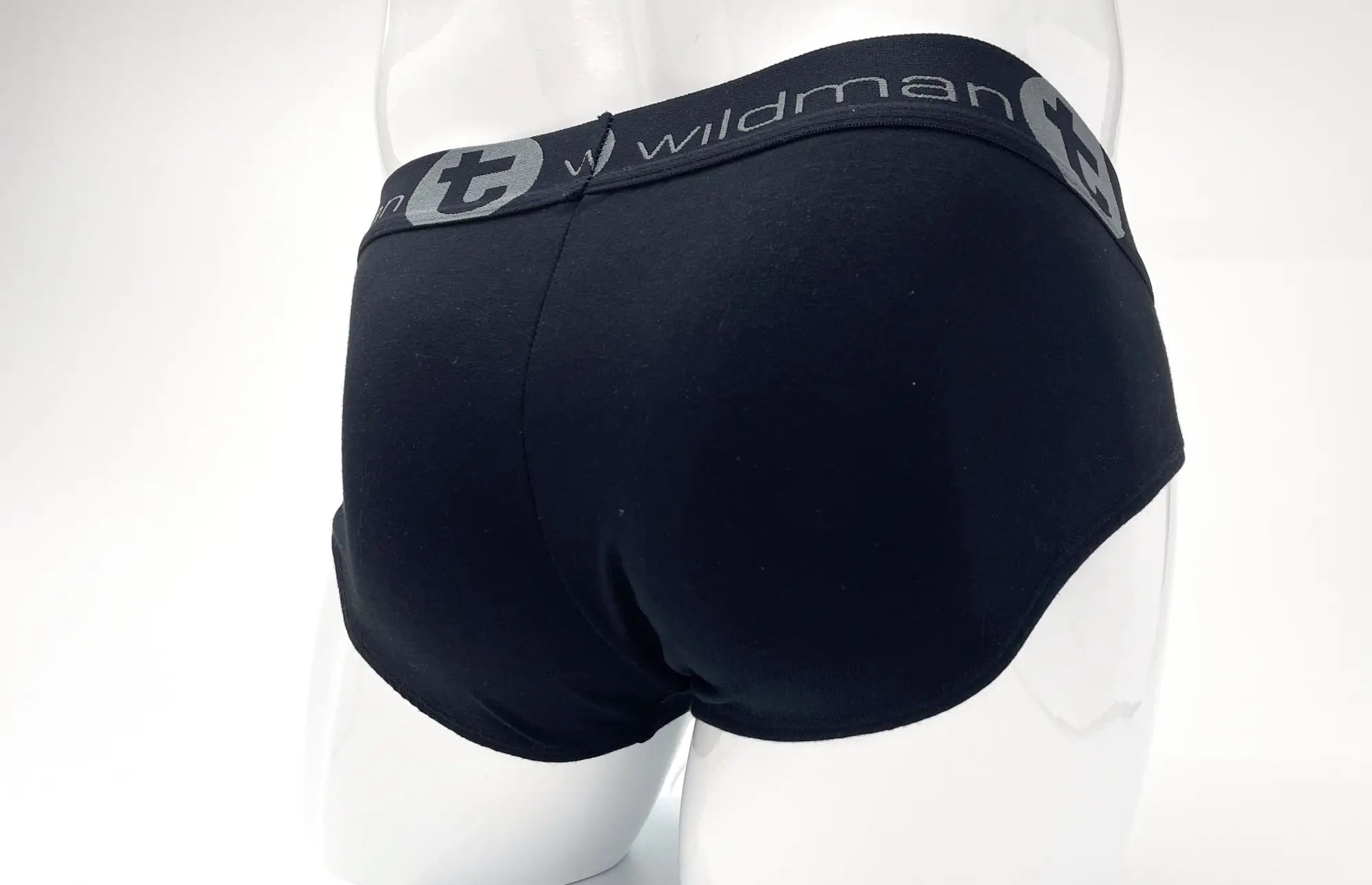WildmanT stretch cotton big boy pouch brief in black with a gray logo band and blue accents for comfortable wear