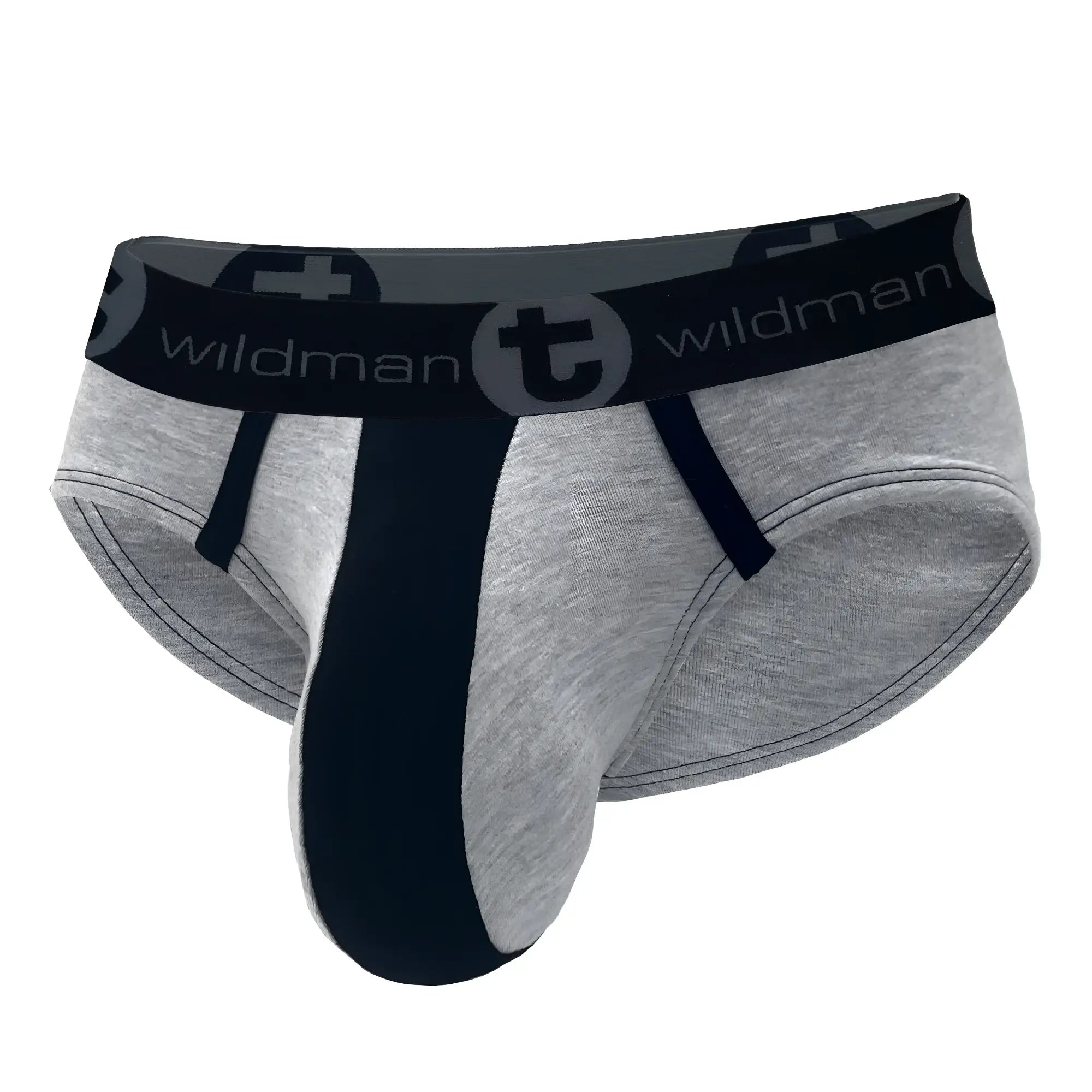 Wildmant stretch cotton big boy pouch brief in gray and black with textured fabric waistband featuring brand logo