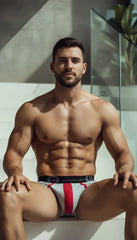 White and red striped wildman stretch cotton big boy pouch brief with black waistband in gray and red colors