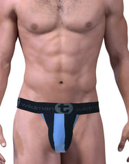 Black and light blue wildmanT stretch cotton strapless jock briefs with branded waistband and big boy pouch