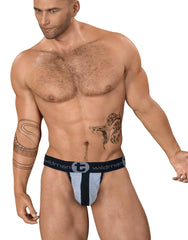 Wildman stretch cotton strapless jock big boy pouch briefs in gray and black with central black stripe