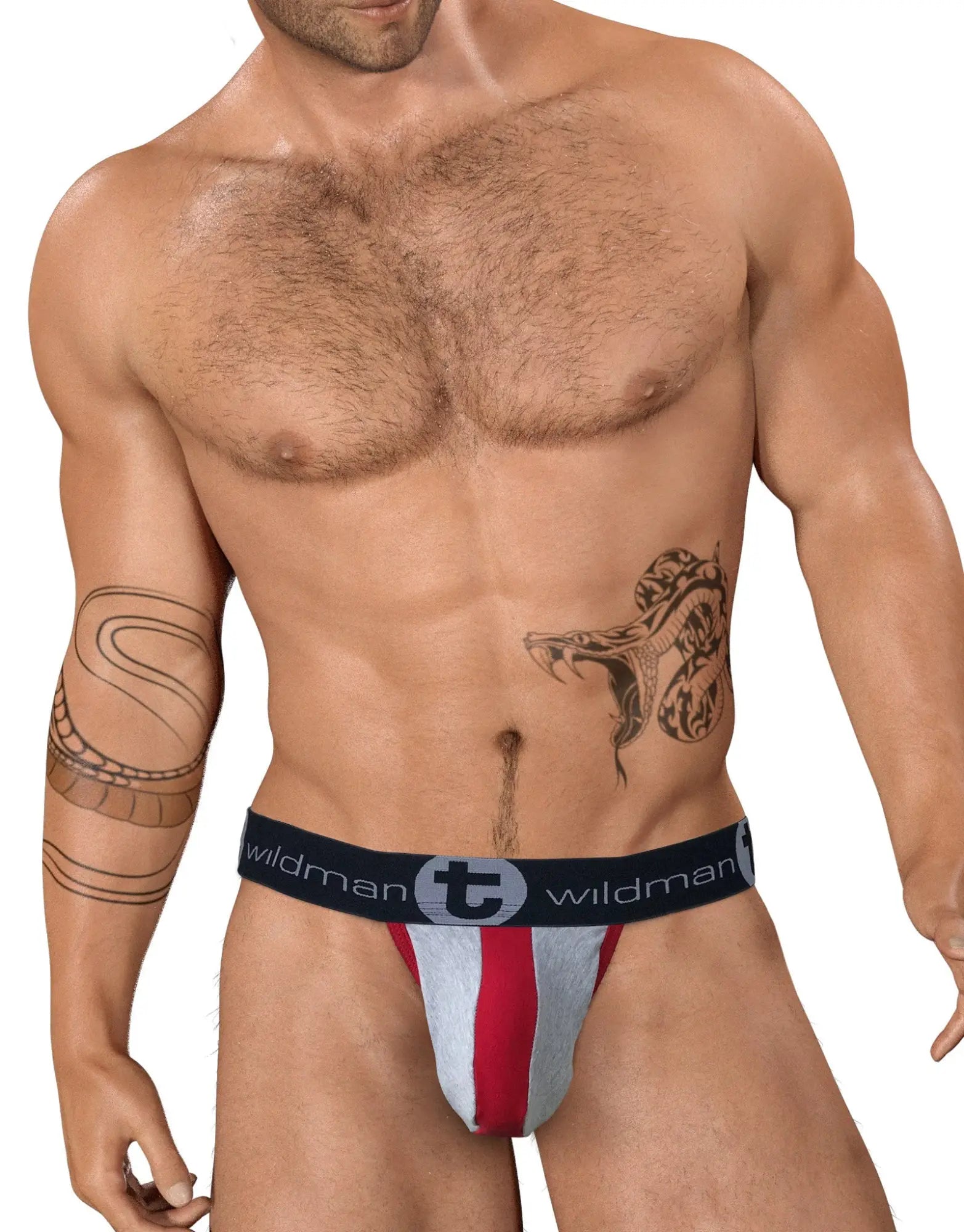 Wildmant stretch cotton strapless jock in red white and gray stripes with black waistband and wildman branding