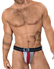 Wildmant stretch cotton strapless jock in red white and gray stripes with black waistband and wildman branding