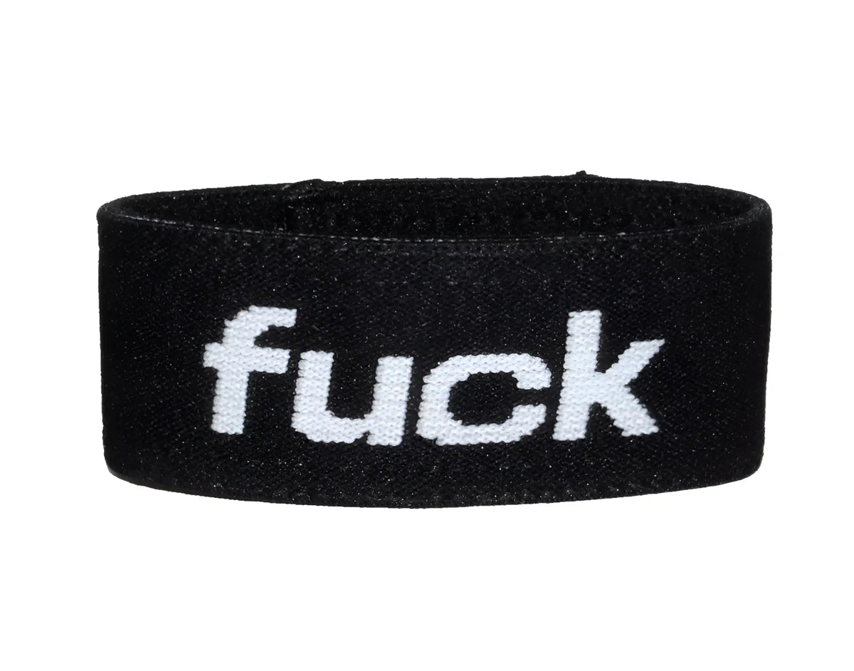 Black elastic wristband with white embroidered fuck text from wildmant verbal max cock-ring fuck product