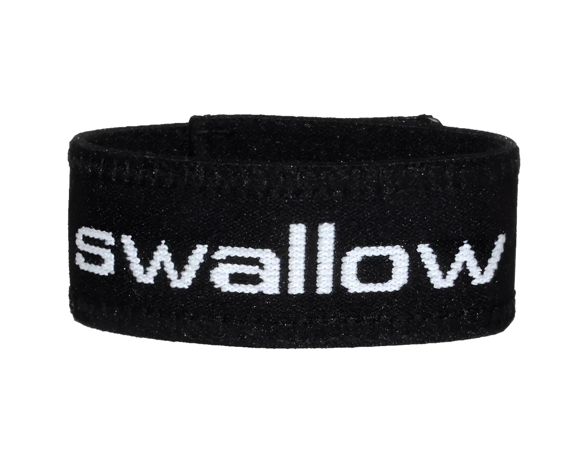 Black woven fabric wristband with white swallow lettering for wildmant verbal max cock ring use