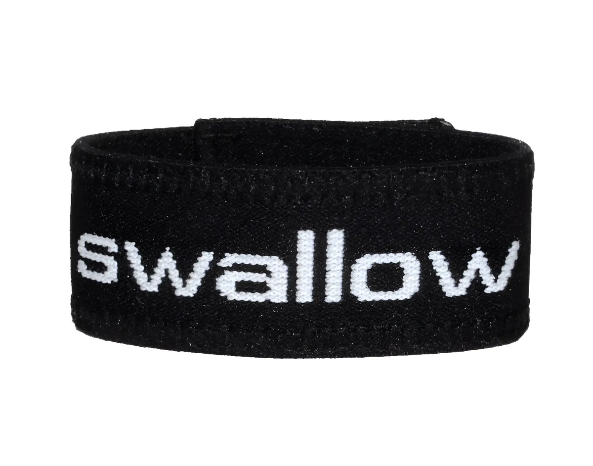 Black woven fabric wristband with white swallow lettering for wildmant verbal max cock ring use