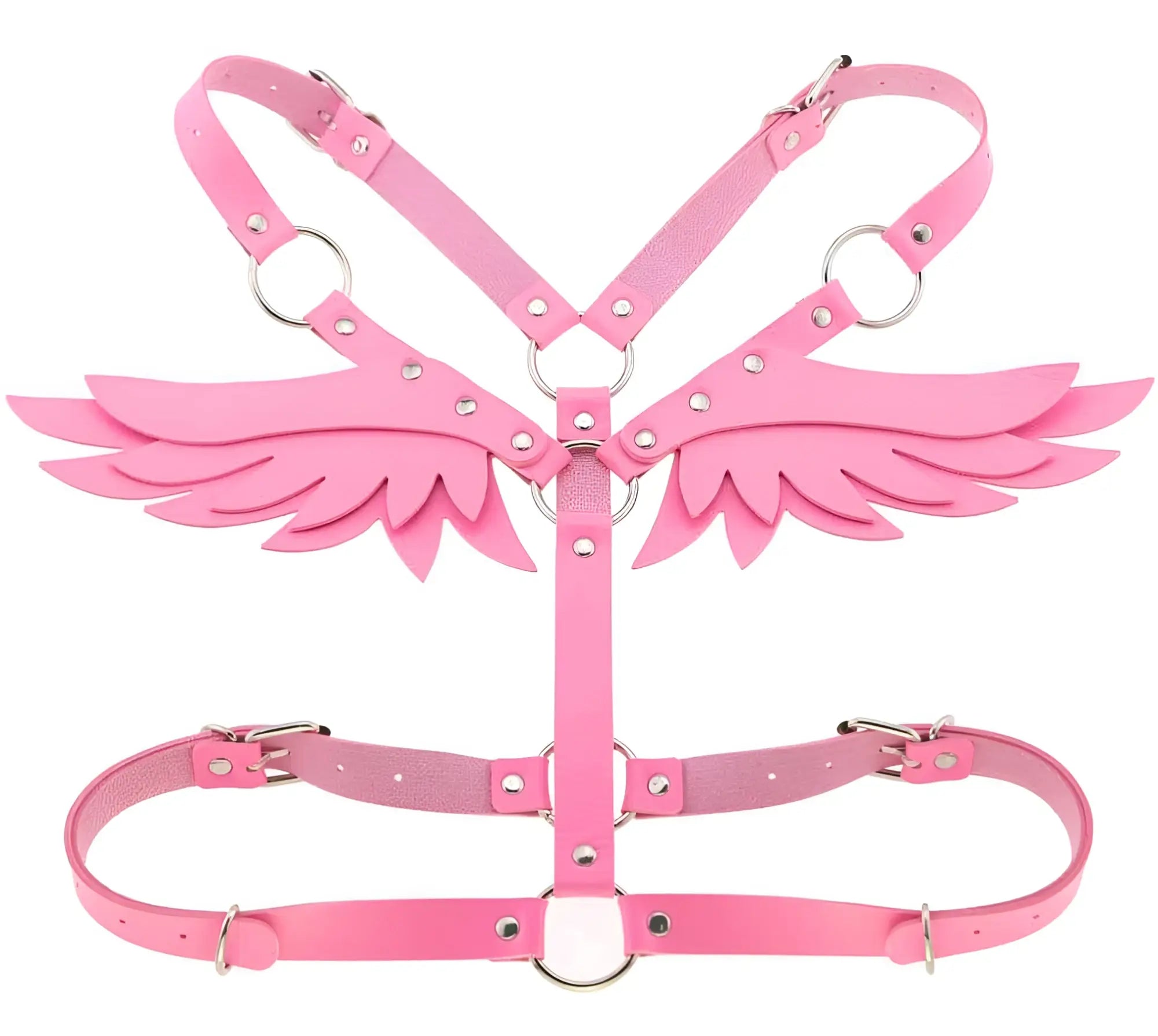 Pink leather angel wing harness with silver-toned metal hardware showing back side of wings harness