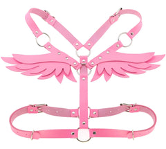 Pink leather angel wing harness with silver-toned metal hardware showing back side of wings harness