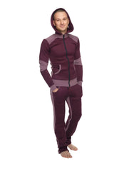 Maroon and gray two-piece heavy-weight fleece hoodie sweatset with contrasting panels for winter yoga trackwear