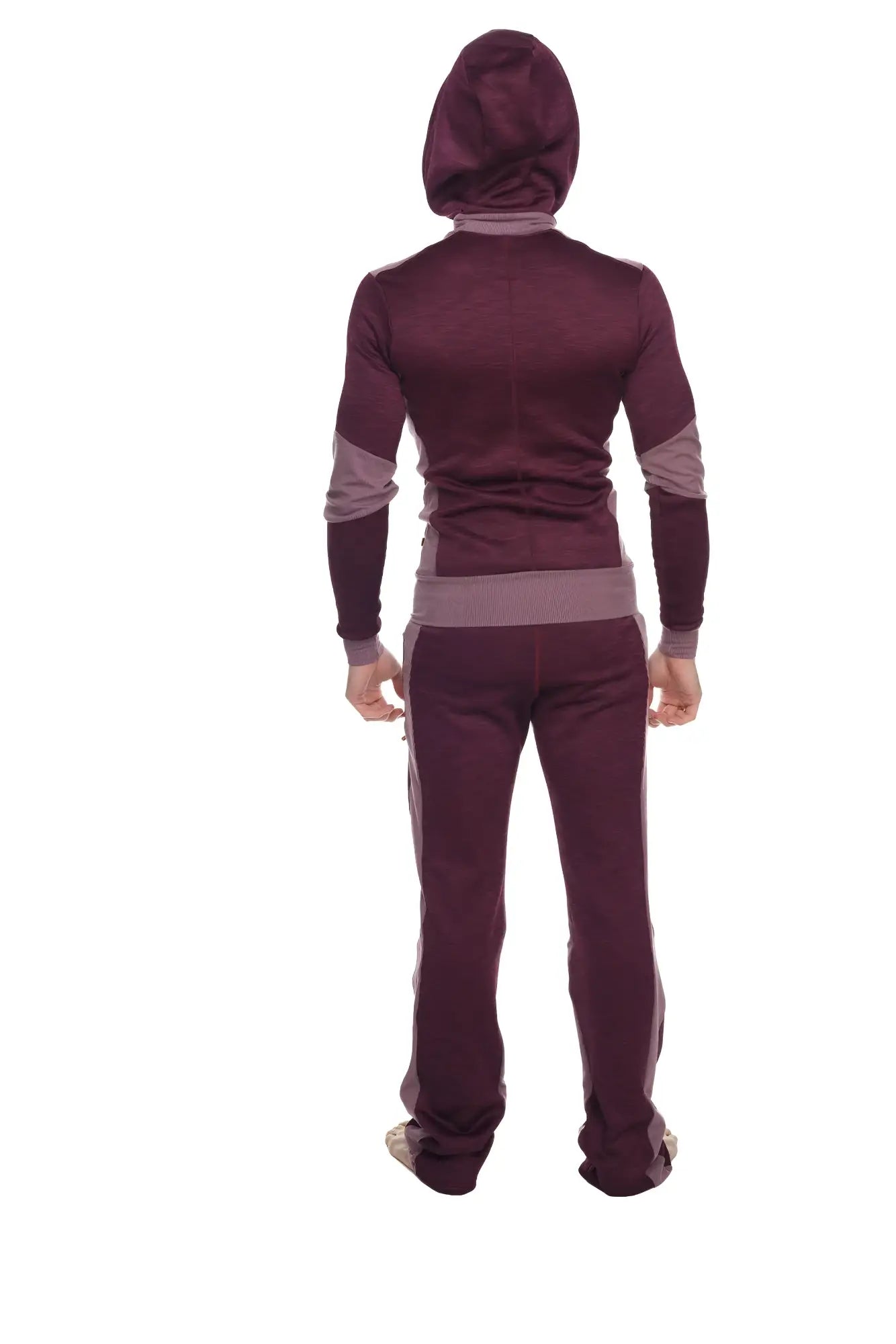 Maroon and gray two-piece heavy-weight fleece tracksuit with hooded top and contrast panels from winter collection