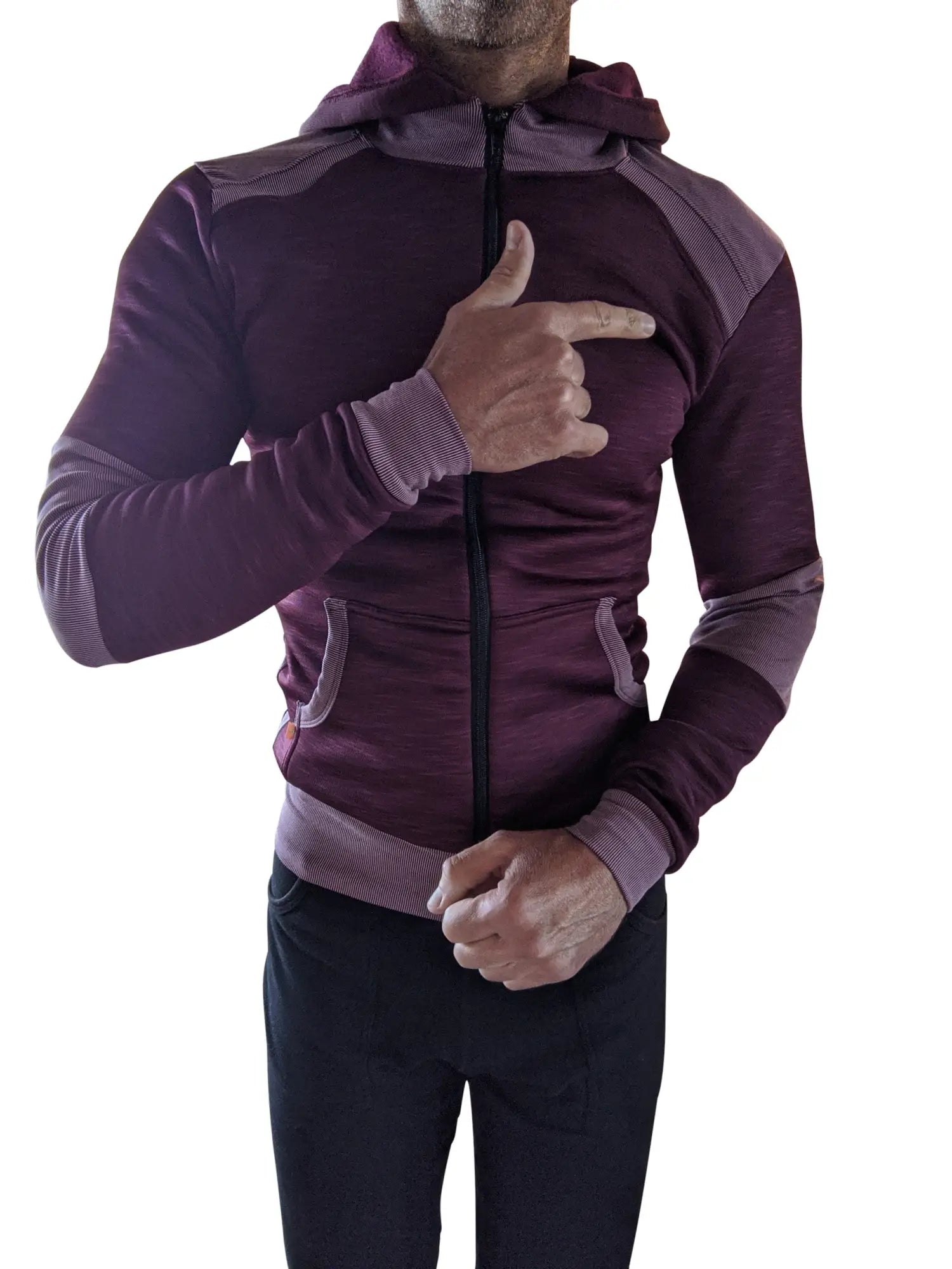 Winter collection heavy-weight performance-luxe-fleece form-fit crossover yoga track hoodie in maroon and gray