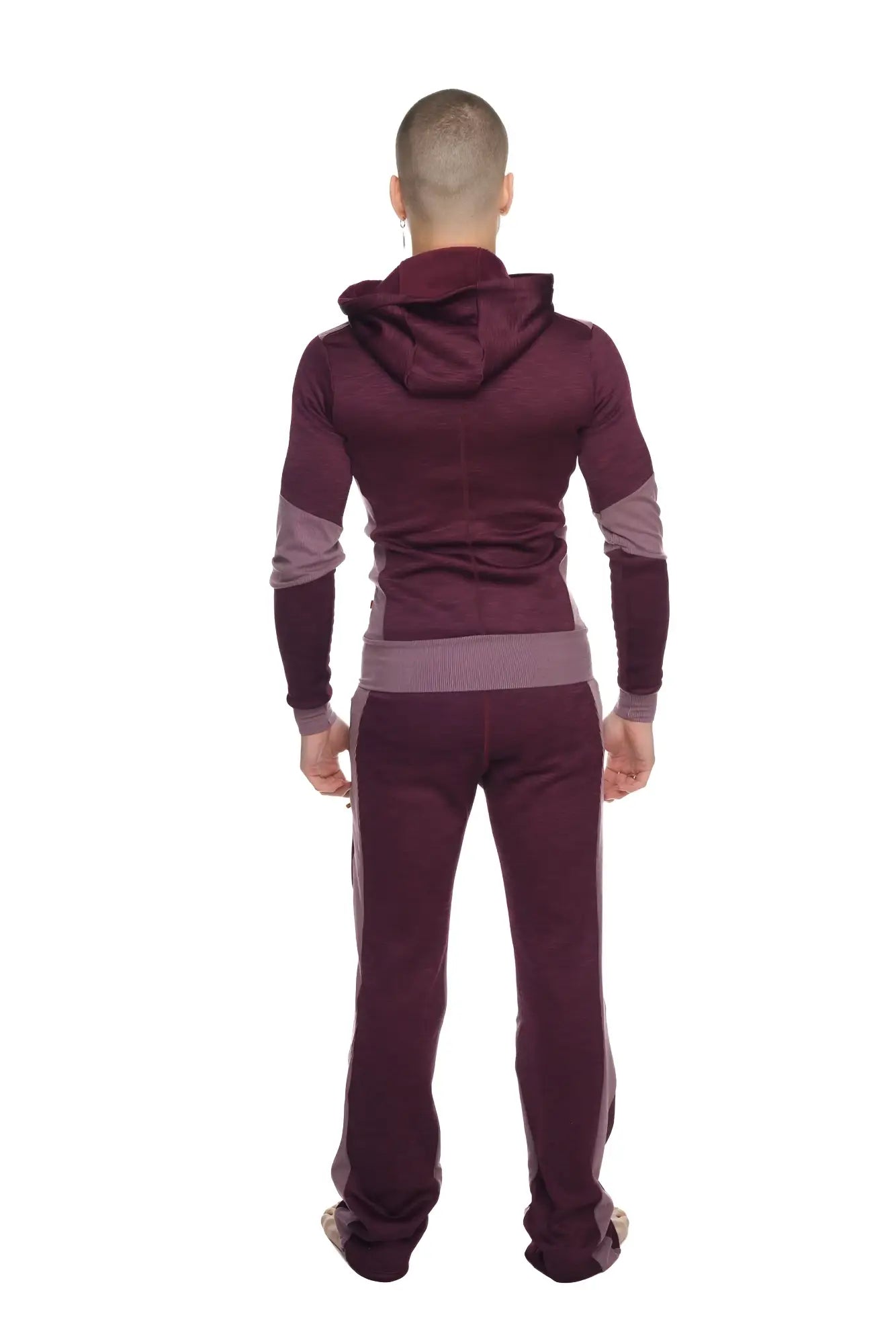 Maroon and gray heavy-weight fleece two-piece athletic tracksuit with hooded top and matching pants from winter collection