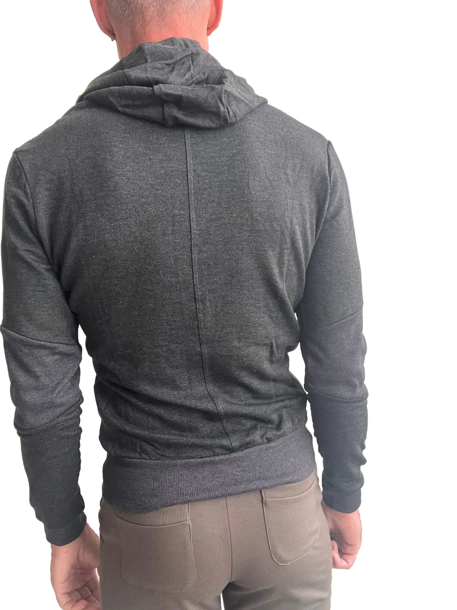 Dark gray heathered mid-weight luxury fleece hoodie with ribbed hem and cuffs for crossover yoga and track use