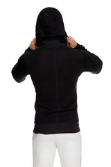 Black mid-weight luxury-fleece yoga track hoodie back view with central seam ribbed cuffs and hem winter collection