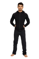 Black mid-weight luxury-fleece zip-up hoodie with long sleeves and front pockets for yoga and casual wear