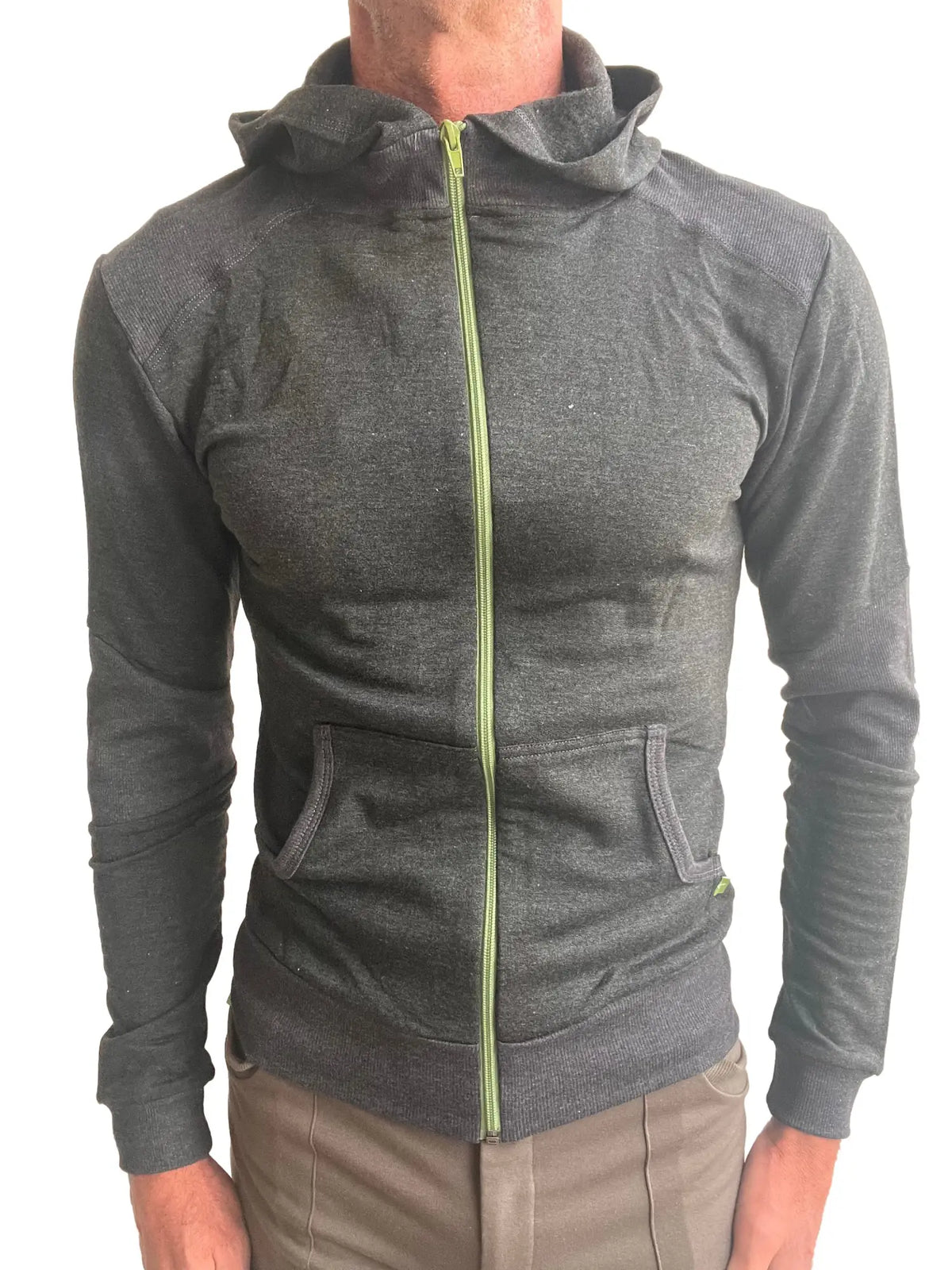 Charcoal mid-weight luxury-fleece form-fit crossover yoga track hoodie with neon green zipper and two front pockets