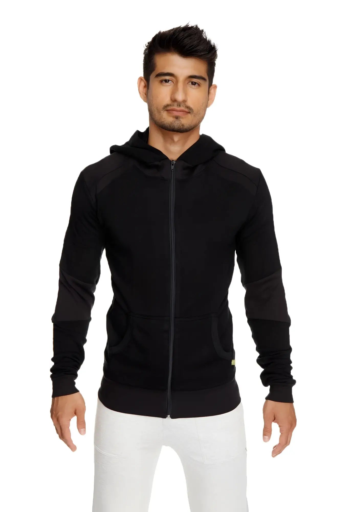Black mid-weight luxury-fleece form-fit crossover yoga track hoodie with subtle sleeve panels and yellow hem tag