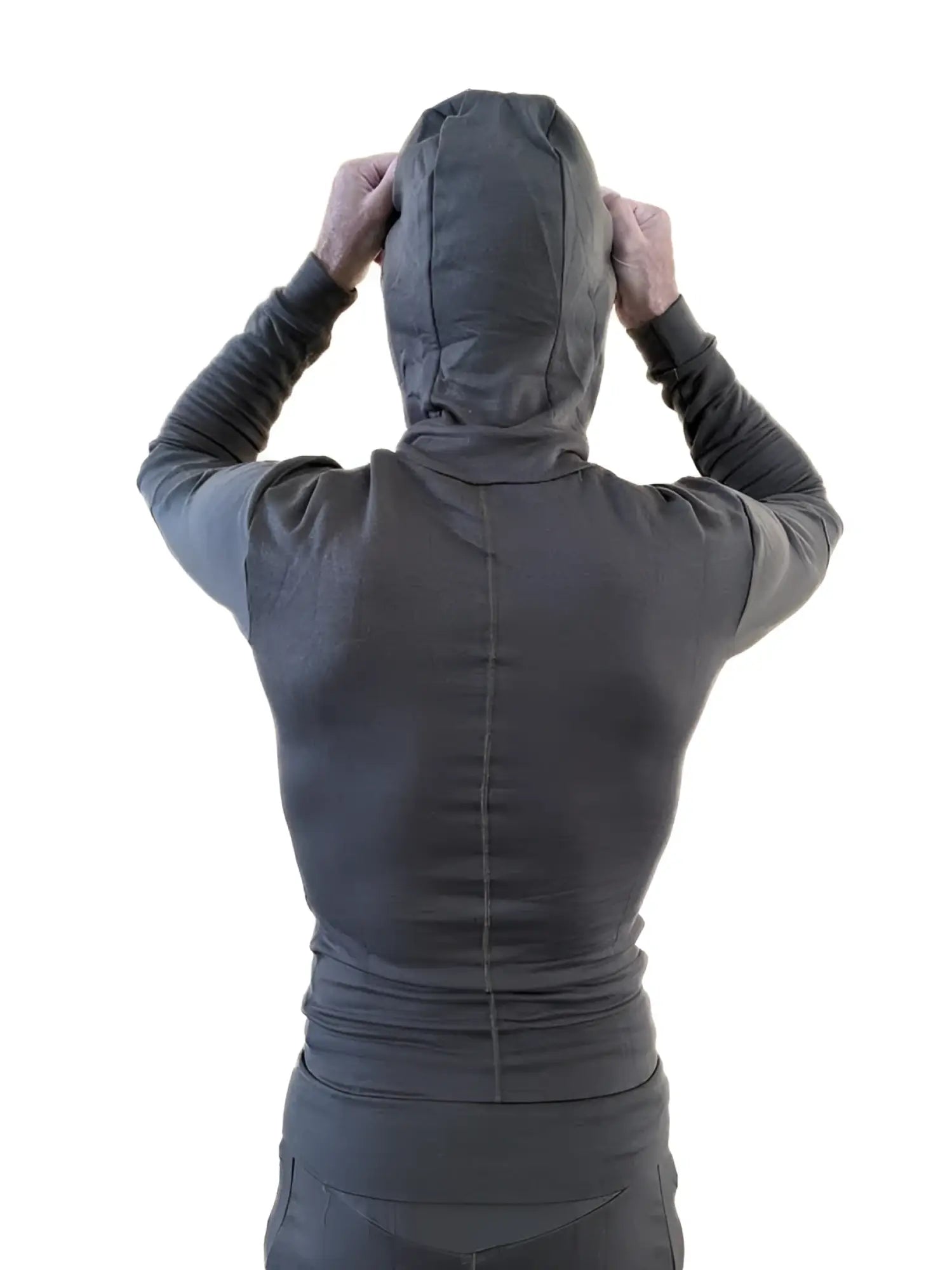 Dark gray hooded long-sleeve top with fitted design and seam detailing from winter collection luxury-fleece hoodie