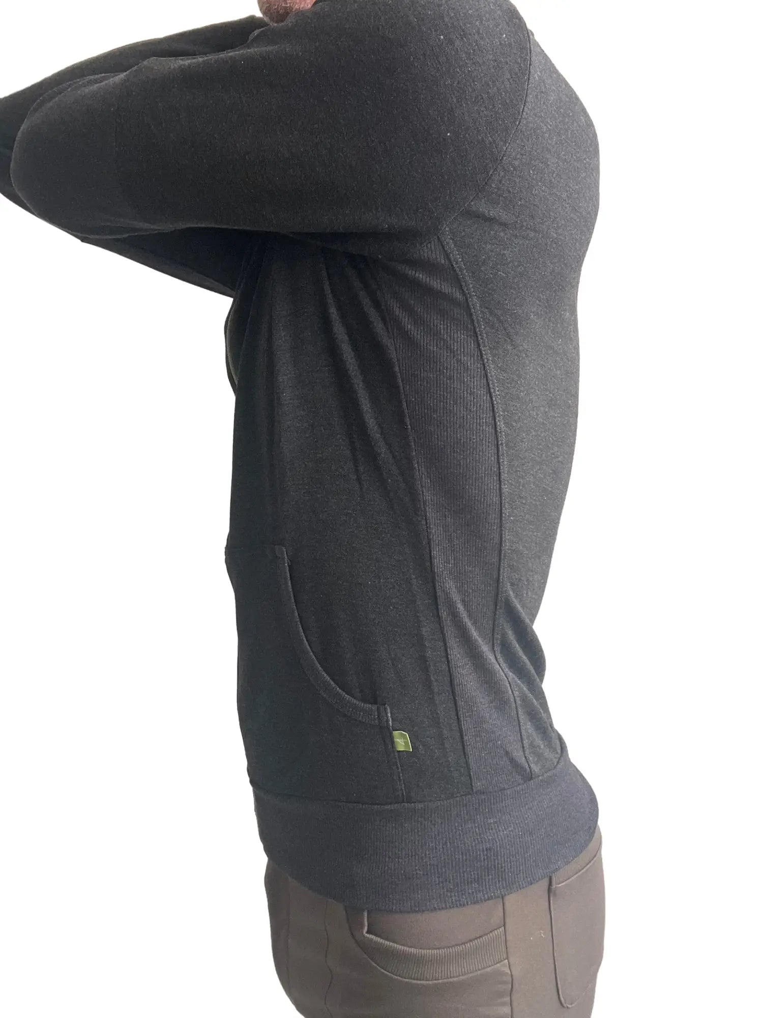 Charcoal mid-weight luxury fleece form-fit crossover yoga track hoodie with ribbed cuffs and hem