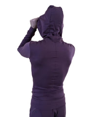 Purple hooded mid-weight luxury fleece form-fit crossover yoga track hoodie with long sleeves and stretchy fabric design