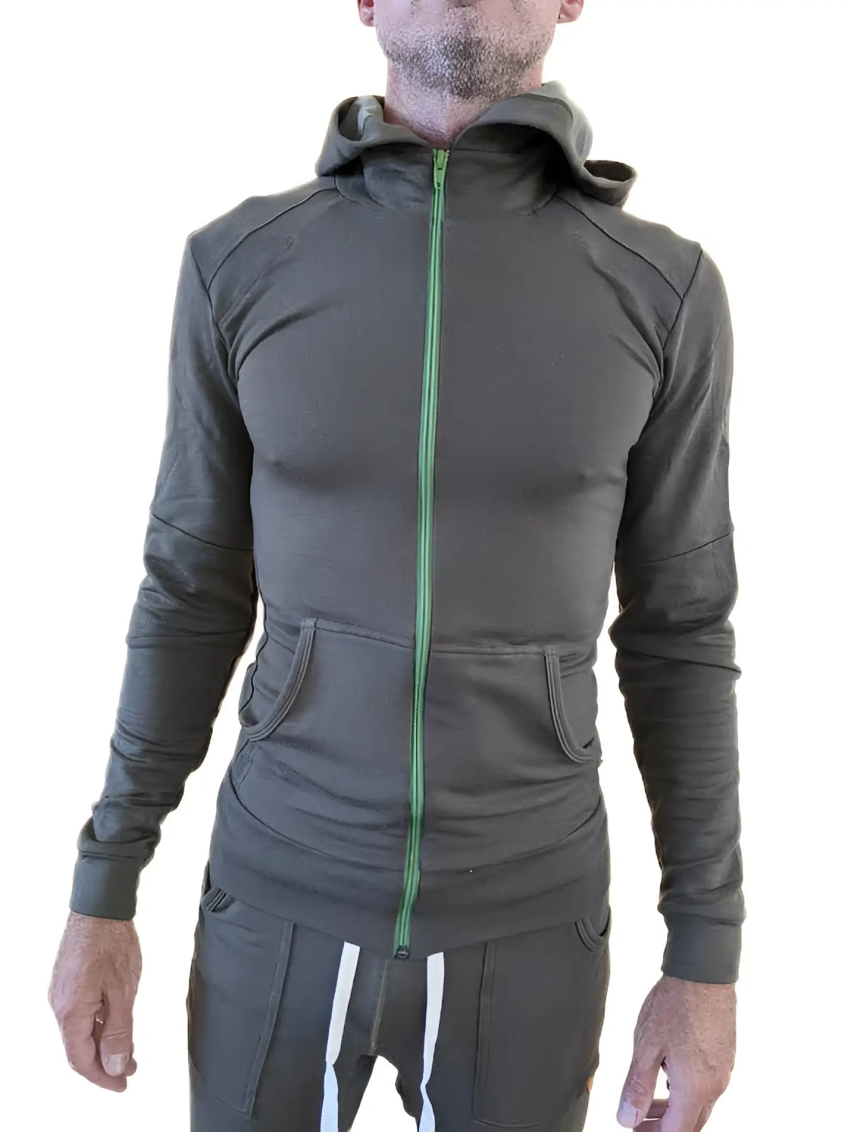 Dark olive green mid-weight luxury-fleece crossover yoga zip-up hoodie with bright green zipper and front pockets