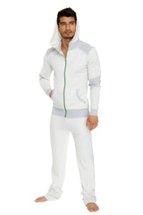 Light grey and white mid-weight luxury-fleece form-fit crossover yoga track hoodie with green zipper trim