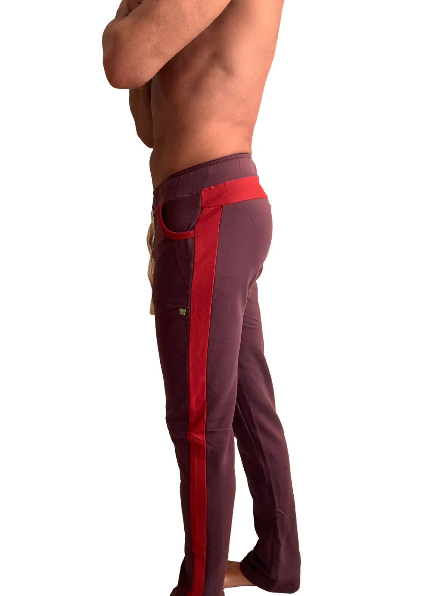 Winter collection mid-weight luxury-fleece track and lounge sweat pant in burgundy with satin red side stripe
