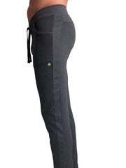 Dark gray mid-weight luxury fleece track and lounge sweat pant with ribbed waistband and green logo patch on thigh