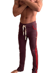 Winter collection mid-weight luxury-fleece burgundy track pants with red side stripes and cream drawstring