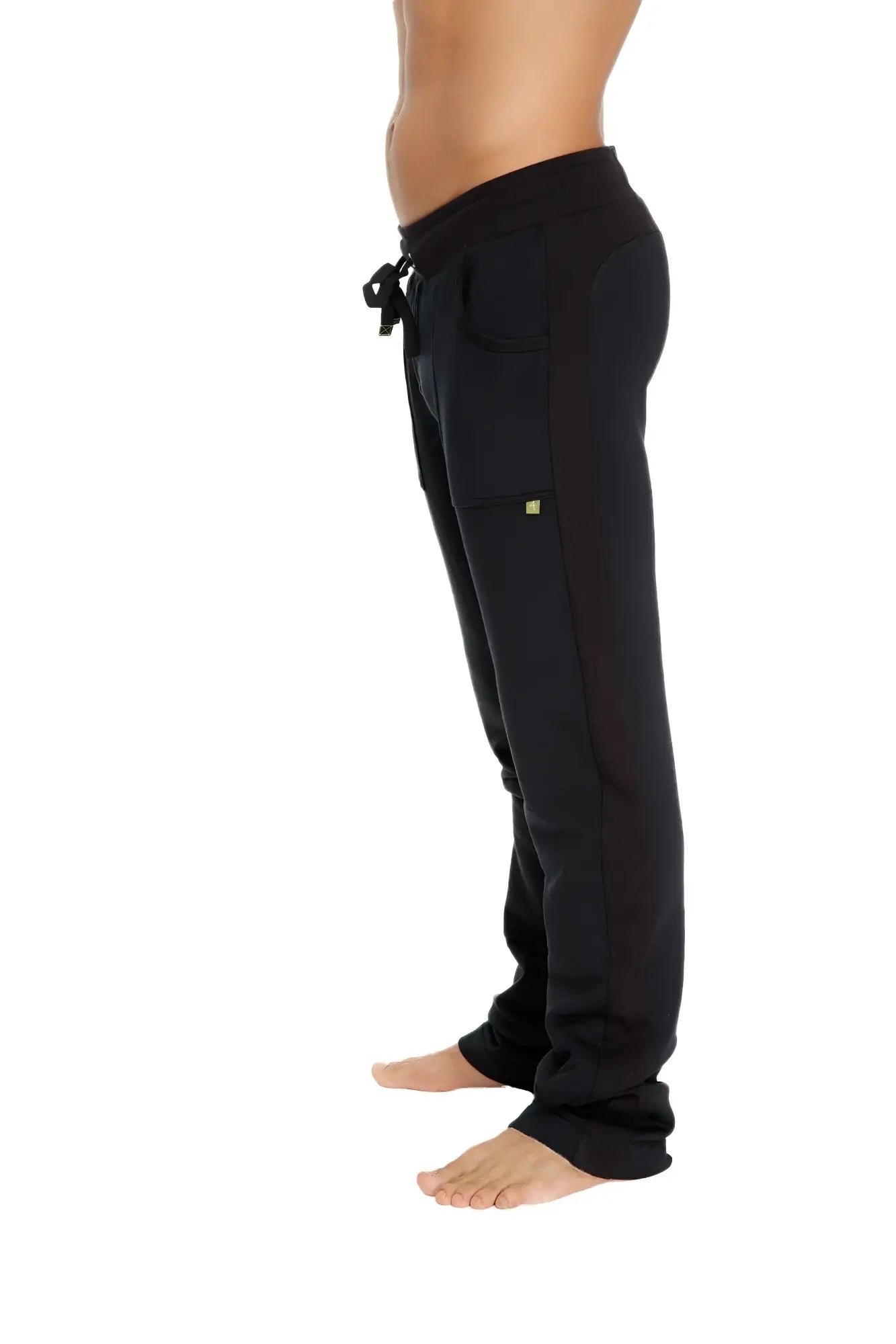Black mid-weight luxury-fleece drawstring sweatpants with lime green logo on thigh from winter collection