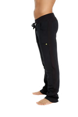 Black mid-weight luxury-fleece drawstring sweatpants with lime green logo on thigh from winter collection